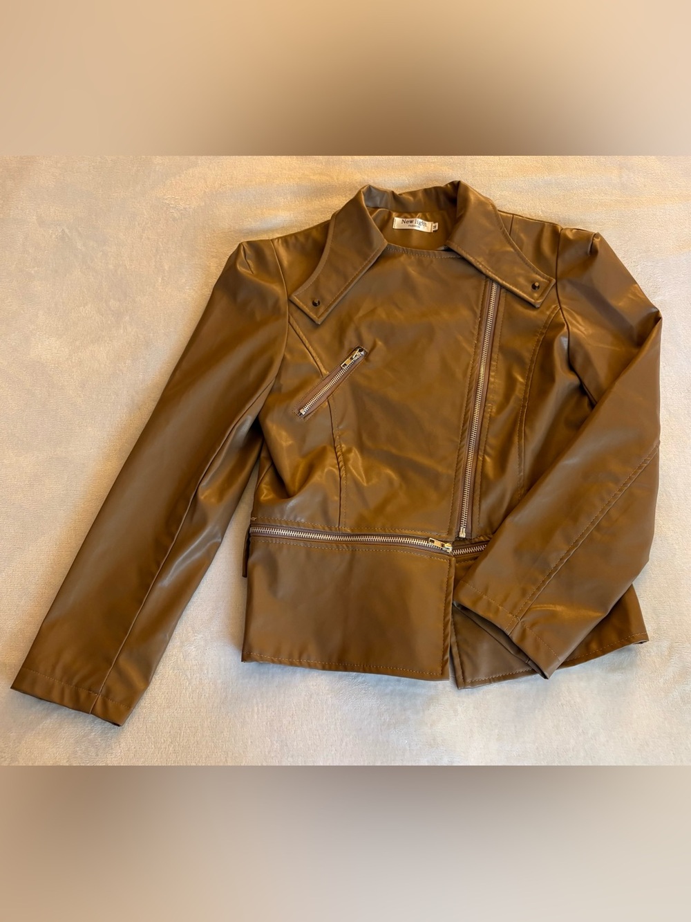 Women's Brown Convertible Moto Faux Leather Asymmetrical Zip Jacket